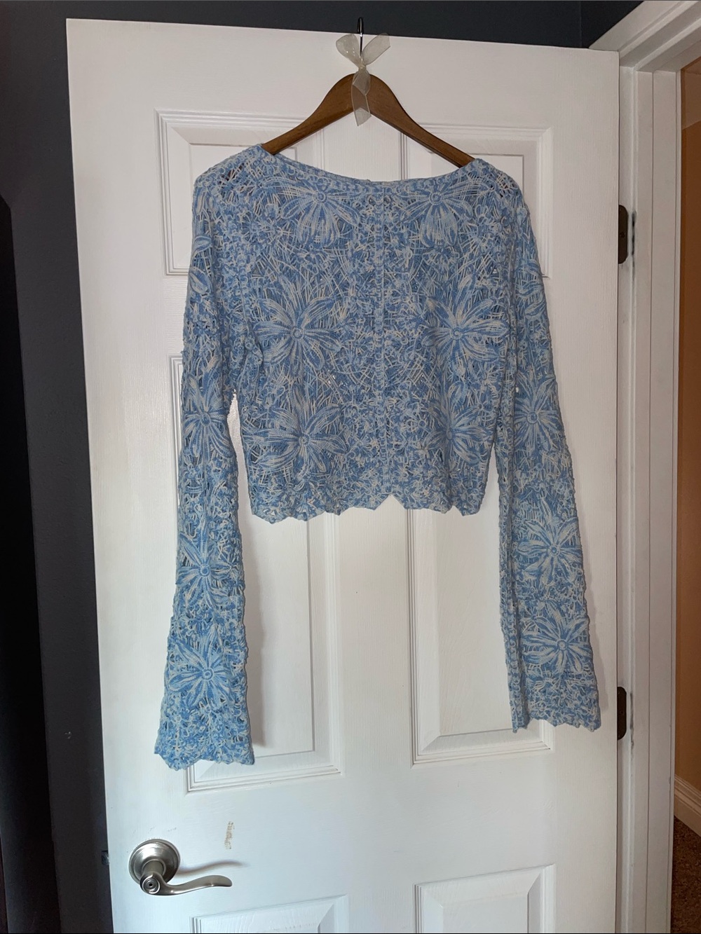 Jacqui E Sky Blue Floral Crochet Cropped Sweater